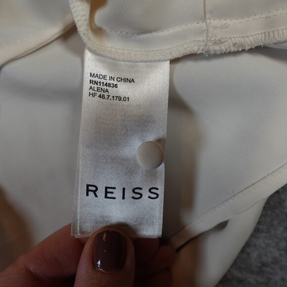 Reiss Top Womens 10 Alena Plunge Button Detail Blouse Satin Tie Waist Ivory - Picture 8 of 14